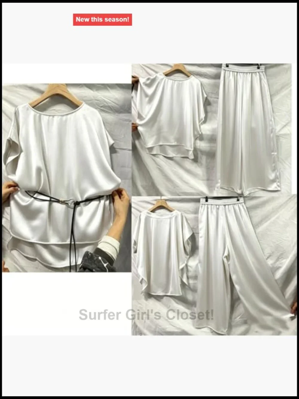 2-Piece Satin Set: Top with Belt & Wide Leg Pants, Dressy Suit